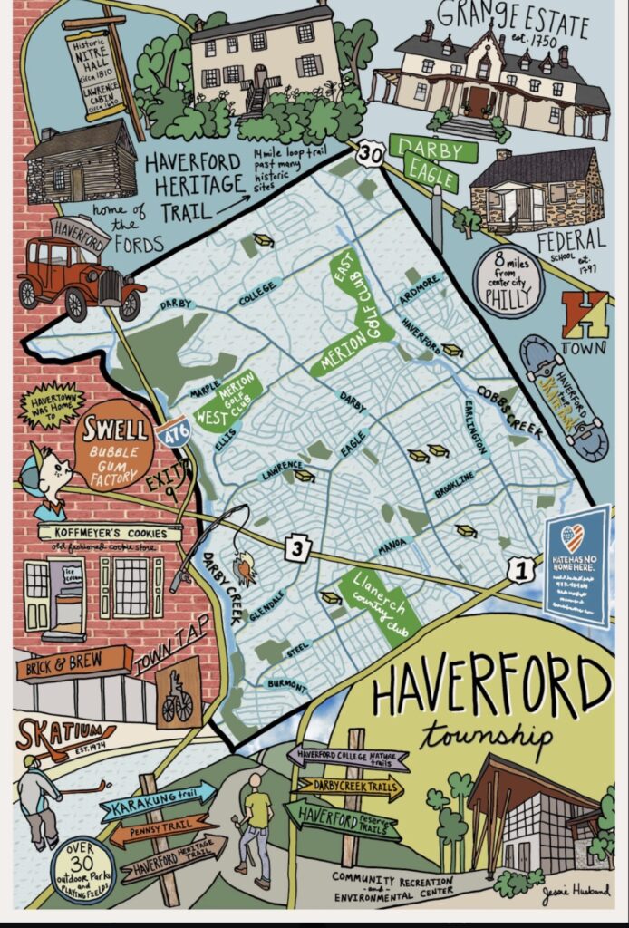 Illustrated map of Havertown, Pennsylvania, highlighting local neighborhoods and community landmarks