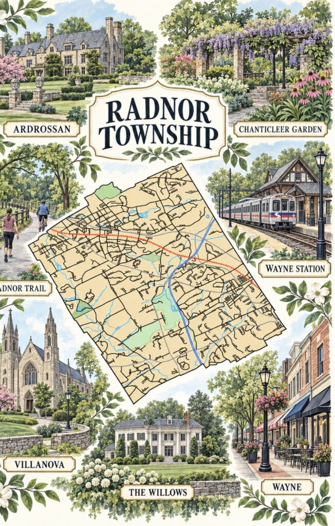 Illustrated map of Radnor Township featuring Wayne, Villanova, Ardrossan, The Willows, Chanticleer Garden and Radnor Trail