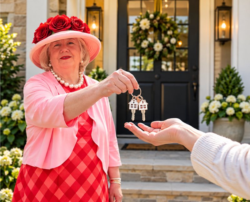 Michelle Leonard, REALTOR®, handing house keys to a buyer at a front door