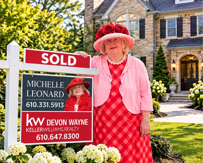 Michelle Leonard, REALTOR®, beside a SOLD sign in front of a stone home